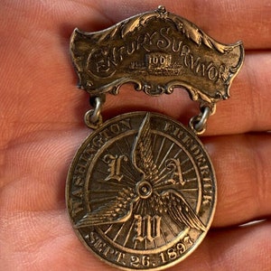 Antique 1897 bicycle bike pin medal league american wheelmen century washington