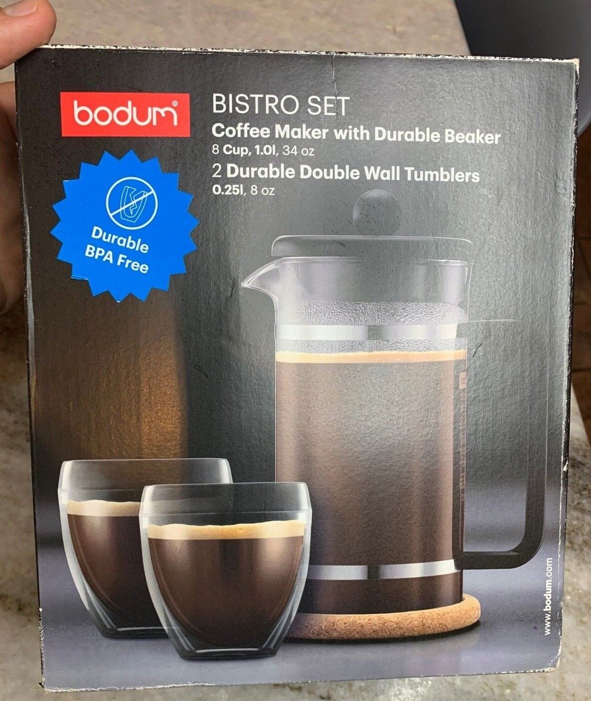 Bodum Bistro Set French Press Coffee Maker 34ozw/ 2 Double Wall Tumblers  8oz 