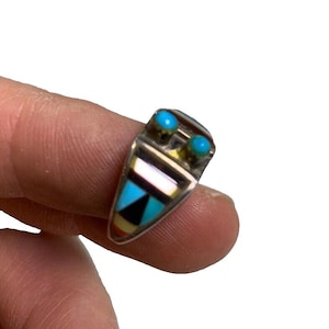 Vintage navajo sterling silver turquoise onyx & mop inlay ring sz: 6.25