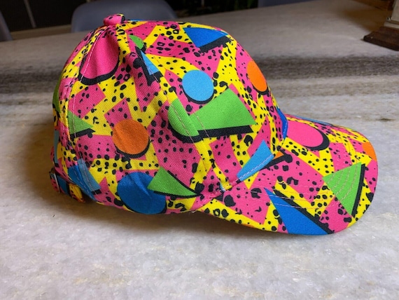 Vintage 1980s 80s Bright Neon Baseball Hat Cap Triangles Circles