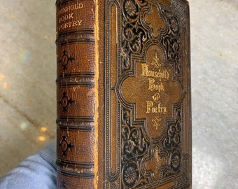 Antique ornate victorian 1875 book gilded gilt leather household book of poetry