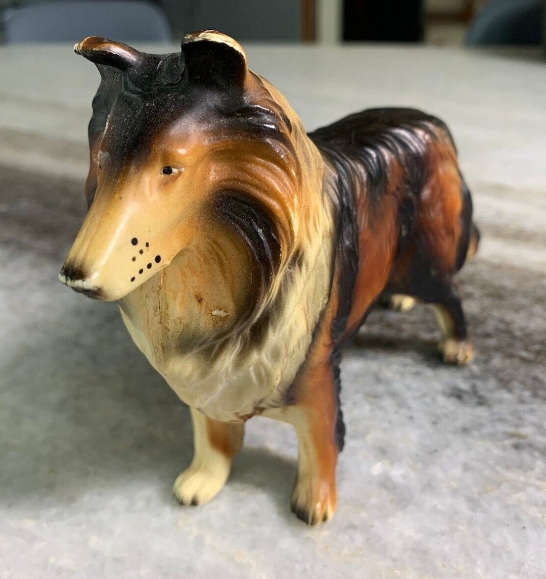 Antique Vintage Rough Border Collie Dog Figure Figurine Statue Lassie  Detailed Fine!