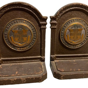 Antique brown university medallion logo emblem shield crest brass metal bookends