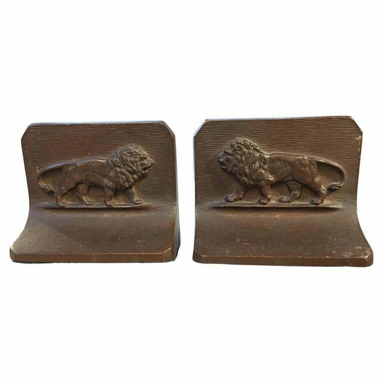 Antique Turn Of Century Bradley Hubbard B&h Brass Bookends Lions Tigers Oh My