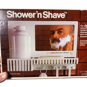 Nos vintage 1981 shower n shave bathroom shower shelf rack mirror wall adhesive zdjęcie 1