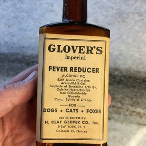 Antique bottle w/label! glover&#39;s imperial fever reduce dogs/cats/foxes! new york