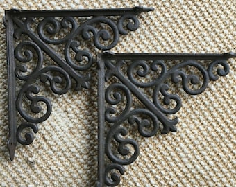 Pair of 2: cast iron wall shelf shelving brackets french fleur de lis 9.75"