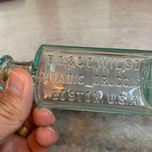 Antique aqua bottle wilson botanical druggists boston [w. newton] massachusetts!