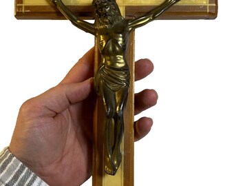Vintage mid century crucifix wall cross pearlized inlay metal corpus 14”