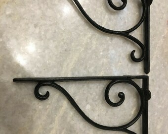 Pair (2): Black Cast Iron Bookshelf Shelf Brackets/Arms Scrolling 9 3/8" x 6 7/8