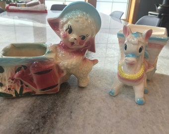 Paar: antieke jaren 1940-jaren 1950 keramiek / pot / plantenbakken! schapen/lam & ezel/pony! Cute!