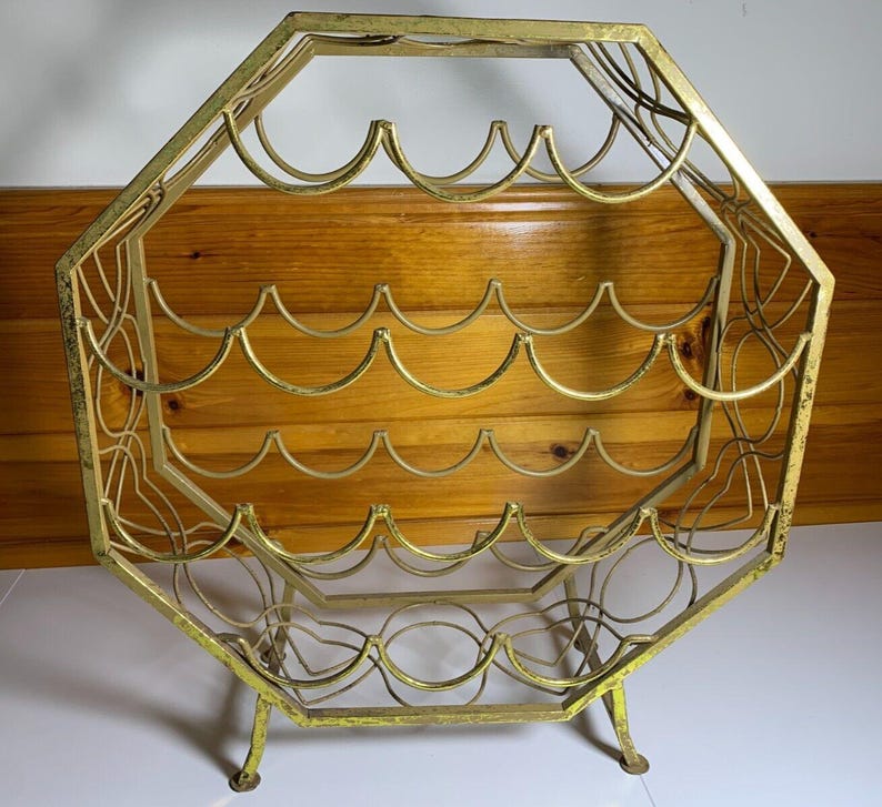 Small Vintage Mid Century Modern Mcm Gold Golden Metal Steel Wine Rack ...