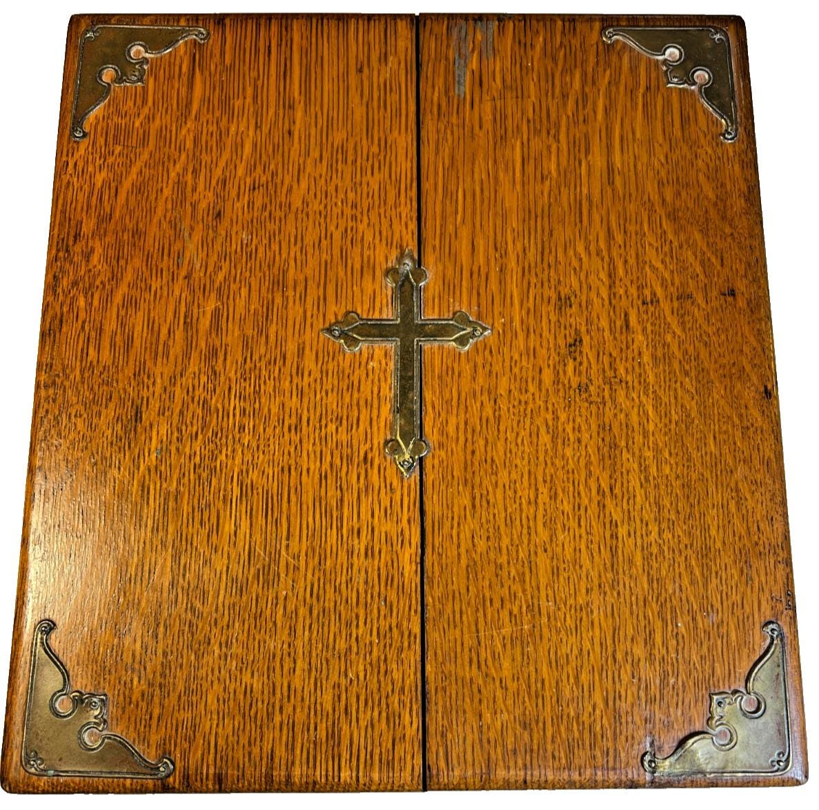 Antique Oak Devotional Chapel Box Brass Cross Applique Altar Set Case ...