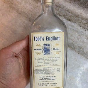 Rare: antique bottle w/label antiseptic todd s emollient new london connecticut