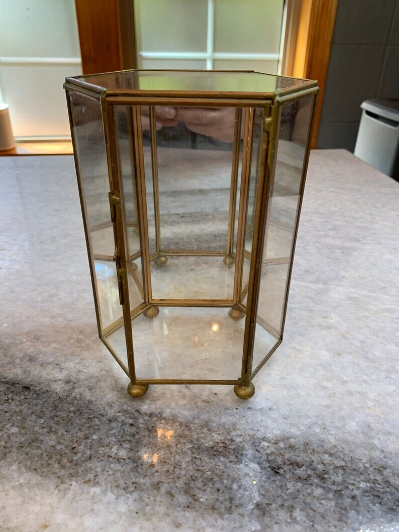 Vintage Hexagonal Mirrored Glass Brass Display Case 7.25 T X 5 W