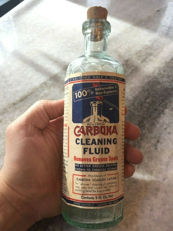 Antique 1930s Carbona 9 Oz Cleaning Fluid Aqua Bottle W/original