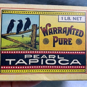 Antique three 3 crow brand pearl tapioca spice paper box rockland maine ephemera