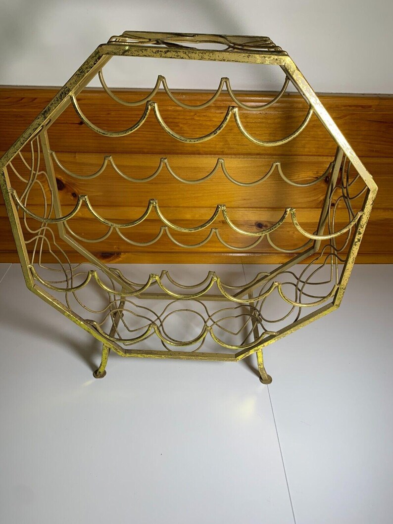 Small Vintage Mid Century Modern Mcm Gold Golden Metal Steel Wine Rack ...
