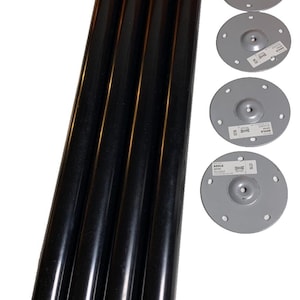 May include: Four black metal table legs with a black rubber foot on the bottom of each leg. Four silver metal table leg plates with screw holes and a center hole for attaching the legs.