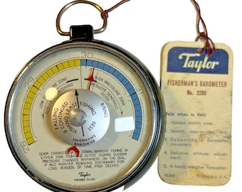 Barómetro de pesca vintage Taylor Fisherman's Fish 2280, medidor meteorológico de bolsillo, etiqueta Rochester NY Nueva York