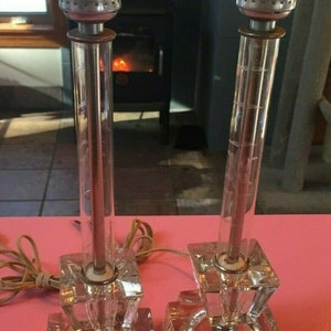 2 Vintage ~40&#39;s Art Deco Decco Style Side Tamp Lamps Leaded Etched Crystal Glass