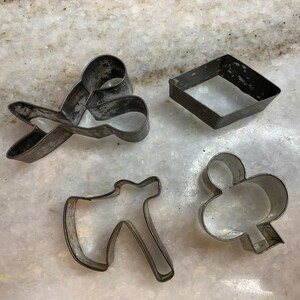 Set of 4: small, unique, antique cookie cutters axe, scissors, clover, diamond!