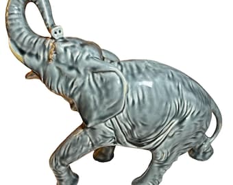 Vintage ceramic elephant figurine statue glazed japan trunk up lucky mid century
