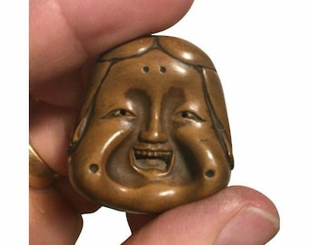 Antique, fine, wooden, japanese fukure netsuke mask (mennetsuke) (otafuku/okame)