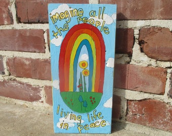 John Lennon lyrics painting on salvaged wood, imagine all the people living life in peace, John Lennon music wall art, peace and love