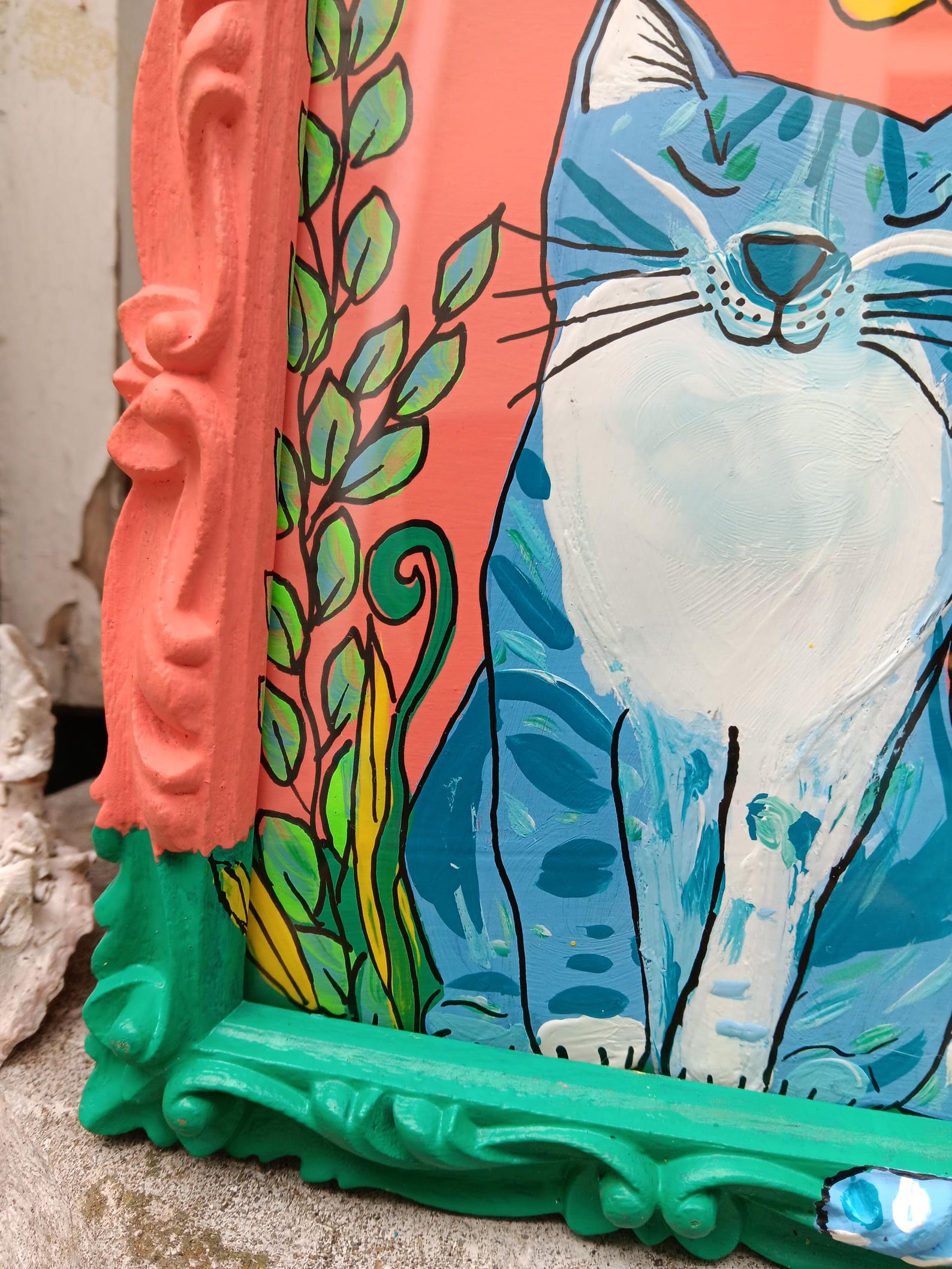 Whimsical Folk Art Cat Painting on Paper in a Vintage Frame - Etsy