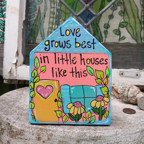 Whimsical "Little House" Acrylic Painting: 5x4" Chunky Wood House