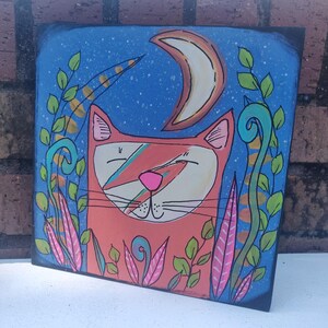 Original painting of a ginger cat, a starry night, and a crescent moon - hand-painted art on 8 x 8&quot; wood panel, bright colorful fun cat art