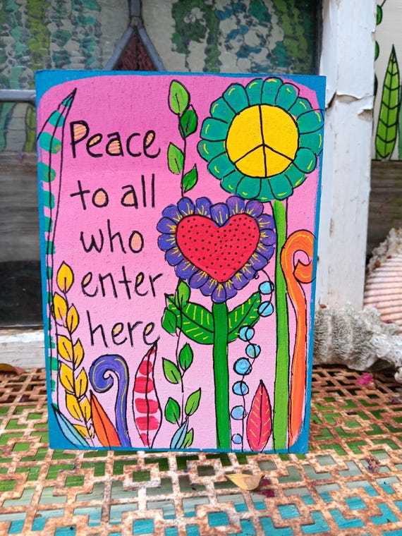 Peace Sign Painting: Floral Welcome Message on Wood Panel (7x5