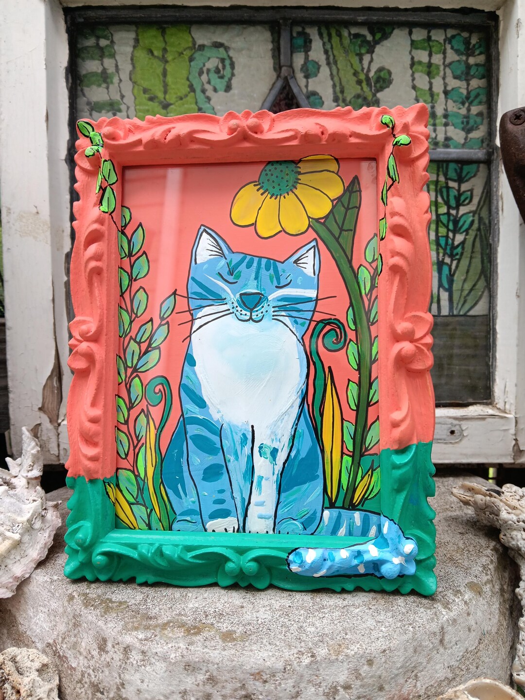 Whimsical Folk Art Cat Painting on Paper in a Vintage Frame - Etsy