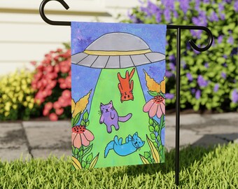 Cats Getting Abducted - UFO UAP Garden Flag - 18 x 12" Garden & House Banner - Spaceship - Funny Flying Saucer With Cats Theme Yard Flag