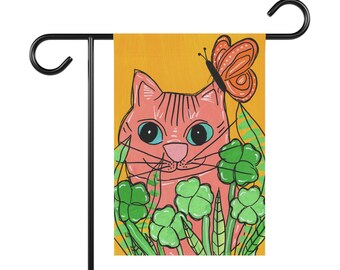 Cute Cat And Four Leaf Clovers - 18 x 12" Garden & House Banner - Spring Garden House Flag - March Garden House Banner - St Patricks Day