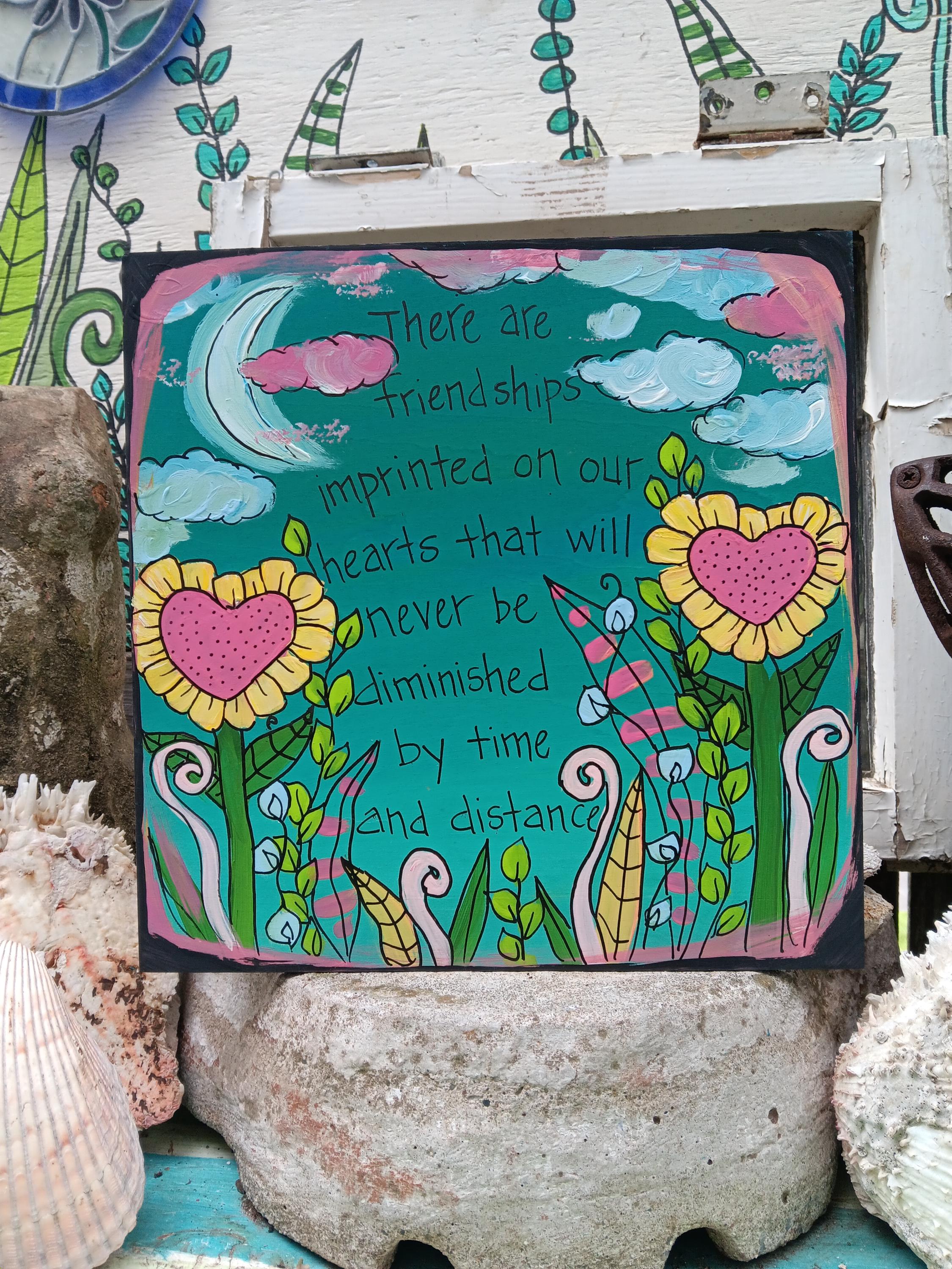 True Friendship Quote Painting: Heart Flowers on Wood Panel (10x10