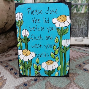 Hand-Painted Bathroom Rules Sign: Toilet Etiquette Art, Acylic Wood Panel (7x5")