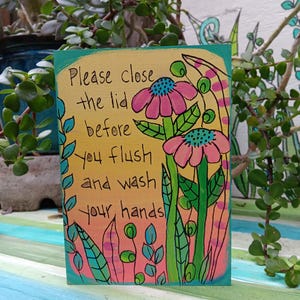 Hand-Painted Bathroom Rules Sign: Toilet Etiquette Quote on Wood (7x5")