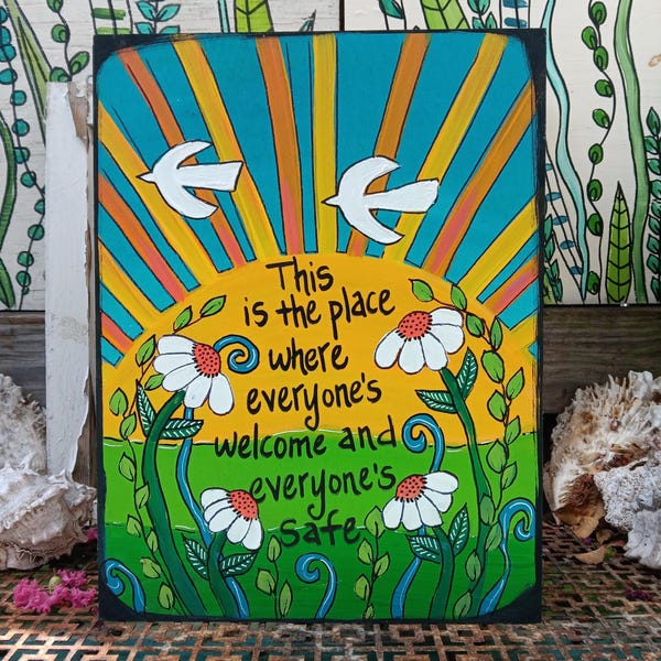 Handgeschilderd welkomstbord "Iedereen welkom en veilig": Terras- en veranda decoratie (30x23 cm)