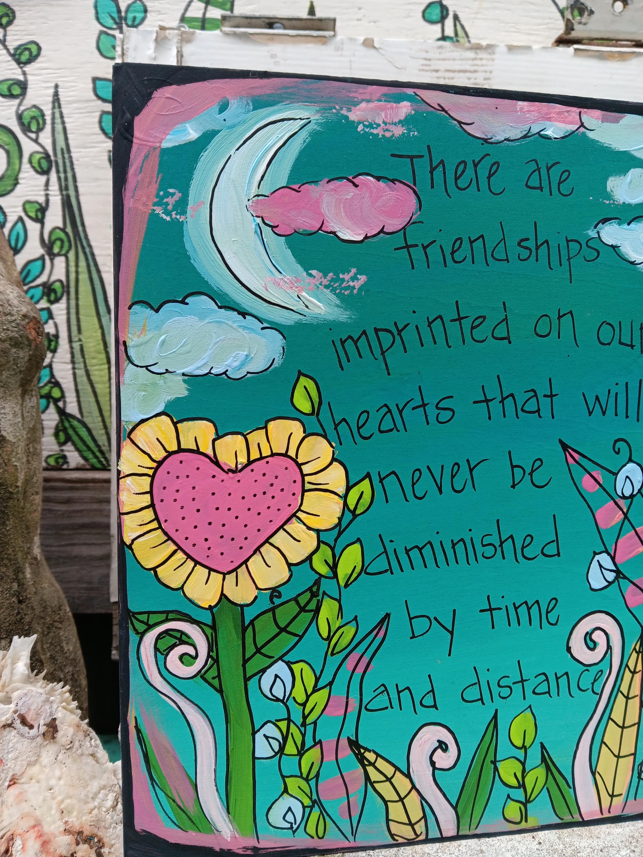 True Friendship Quote Painting: Heart Flowers on Wood Panel (10x10