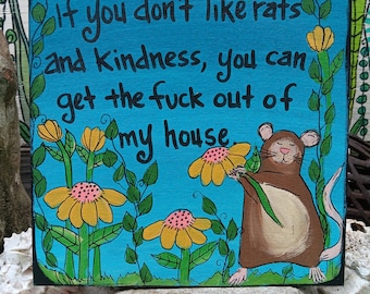 "Haustier Ratte: Handgemaltes Zitat ""Must Like Rats"" auf Holzpanel (25x25 cm)"
