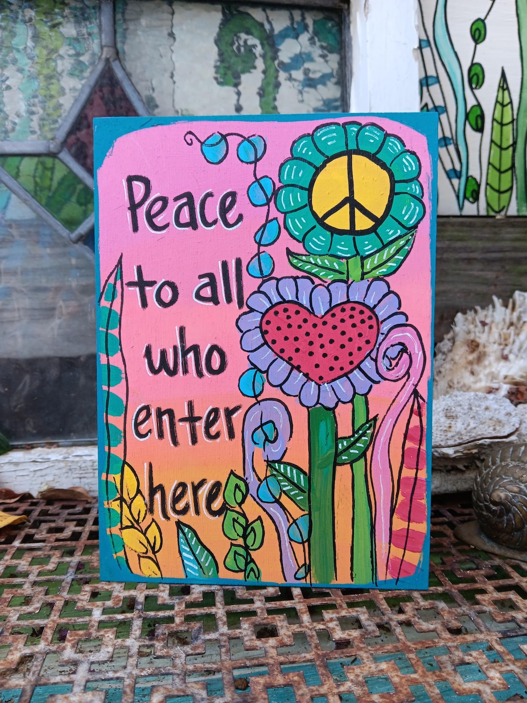 【段ボールペイント】Do you have words to leave? Peace Sign Painting: Floral Welcome Message on Wood Panel (7x5