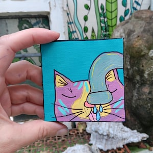 Cat Drinking From Faucet: Miniature Acrylic Canvas Painting (3x3")