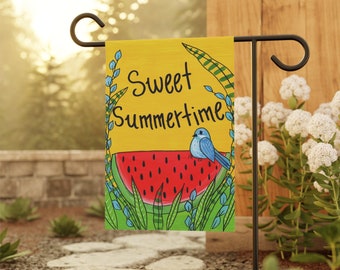 Sweet Summertime - Cute Welcome Garden Flag - 18 x 12"  House or Garden Banner - Little bluebird sitting on a slice of watermelon