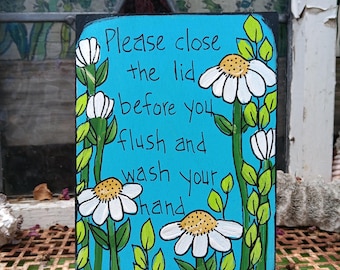Hand-Painted Bathroom Rules Sign: Toilet Etiquette Art, Acrylic Wood Panel (7x5")