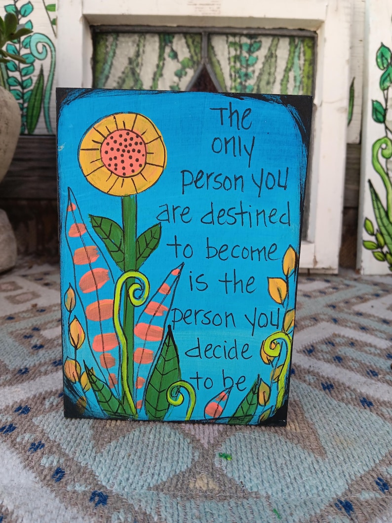 Ralph Waldo Emerson "Be Yourself" Quote Painting: Acrylic Sunflower on Wood Panel (7x5") image 1