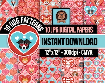 Dog Love Digital Papers - Valentine's Day Pet Breeds Wearing Heart Glasses, Paw Prints and Bones, Puppy Lover Craft Scrapbooking Patterns
