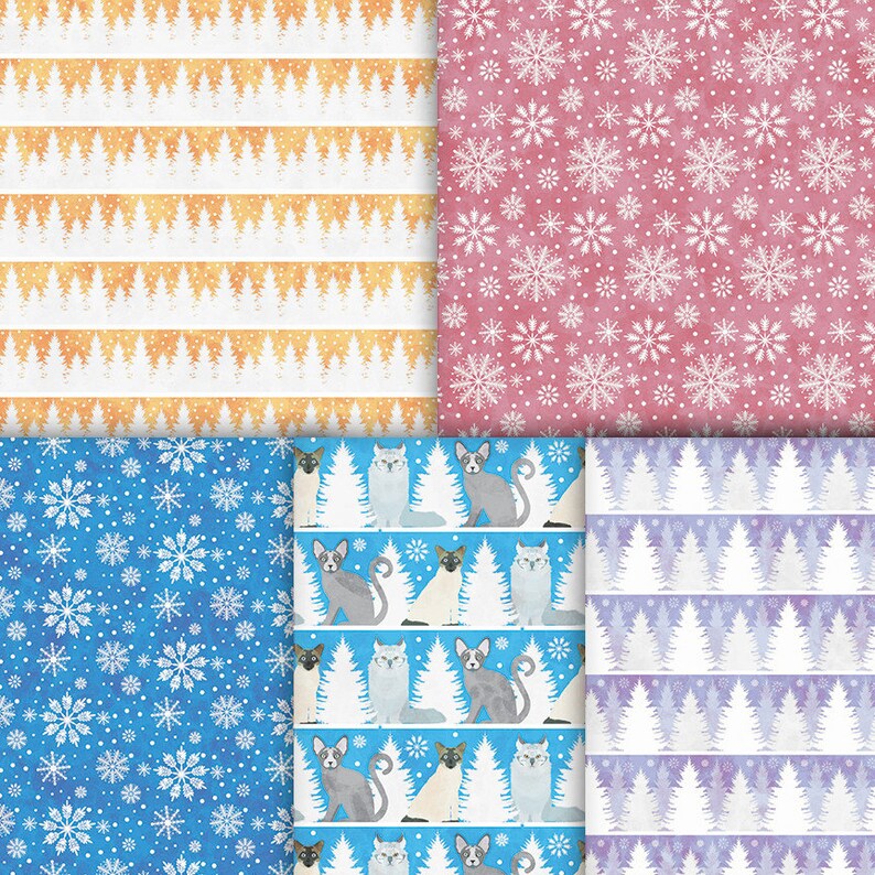 May include: A digital paper pack with four different patterns. The patterns include white snowflakes on a red background, white snowflakes on a blue background, white trees on a yellow background, and white trees on a purple background. The patterns are perfect for creating holiday crafts, cards, and scrapbooking projects.