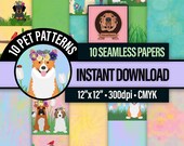 Seamless Spring Animal Digital Patterns - Dogs Wearing Floral Hats, Mother's Day Paper, Woodland Wildlife, Dog Mom Gift, Easter Card Making